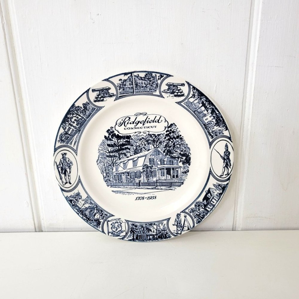 Ridgefield Connecticut 250 Anniversary Blue and White Plate 1958 - Picture 2 of 5